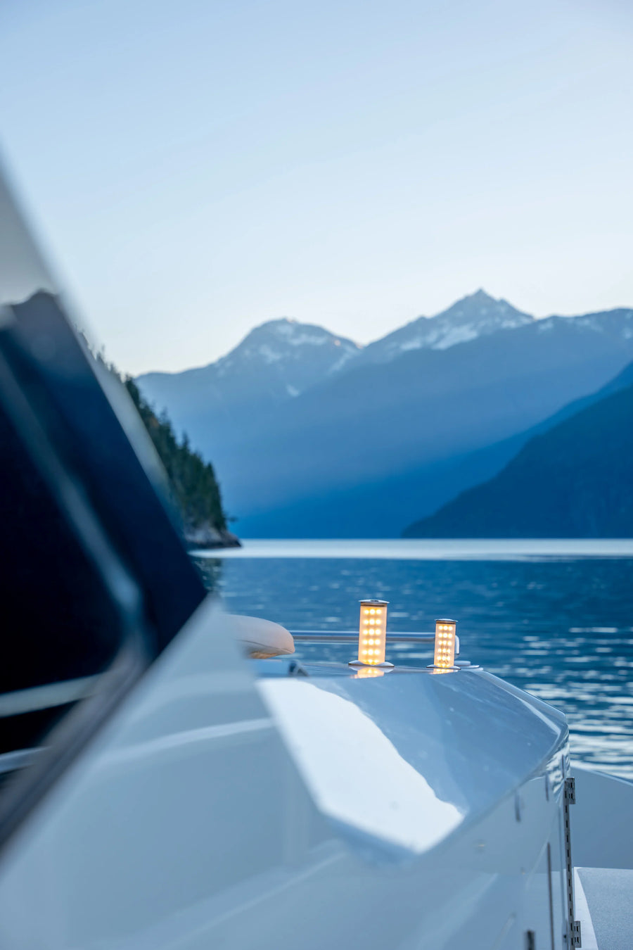 Close up of Exterior Yacht Deck with Landscape, Vertical